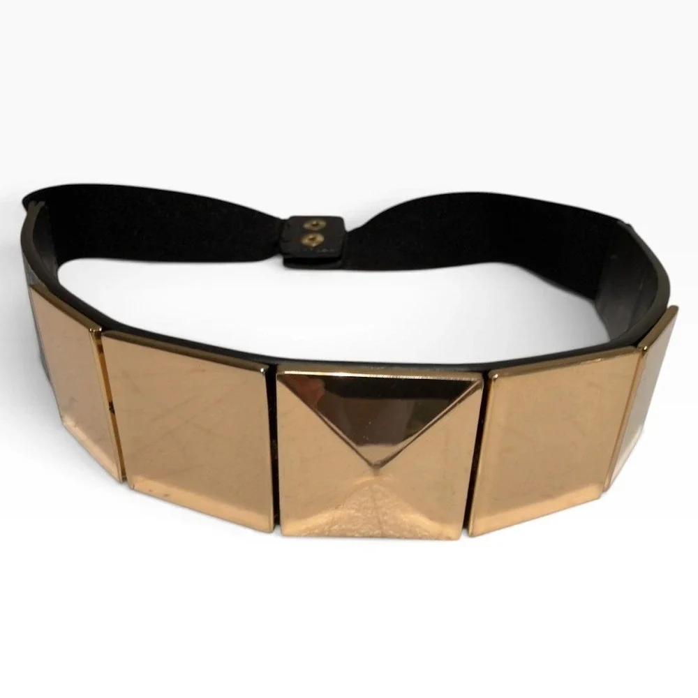 Black Elastic Belt Women M Gold Metal Plate 80s Glam Statement Maximal Vintage
